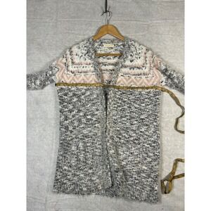 Retrology Women's Long sleeeve Cardigan Sweater Open Front Knit Gray‎ Pink L